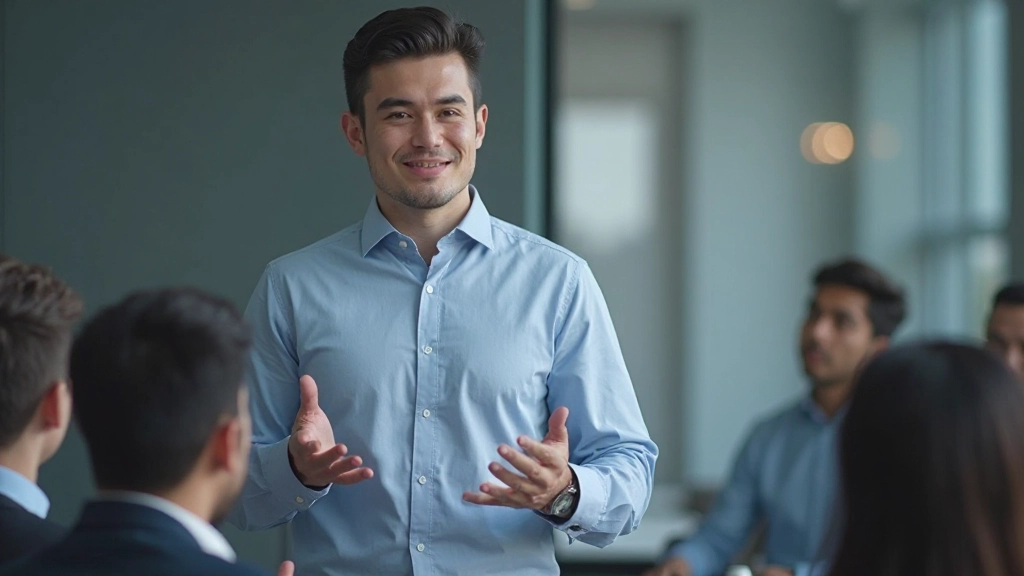 Молодой профессионал проводит презентацию перед аудиторией