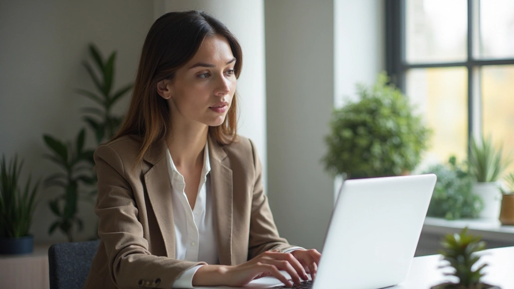 Профессиональное фото женщины, обновляющей свой профиль в социальных сетях на компьютере
